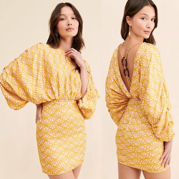 Azulu Olympia Mini Dress Printed Batwing Sleeve Open Back Sheath Yellow XS - Picture 1 of 10